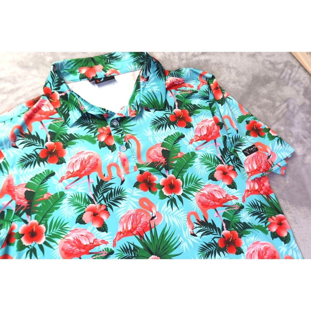 Yatta Golf Polo Shirt Men's‎ Size M Flamingo Hawaiian Tropical All Over Print